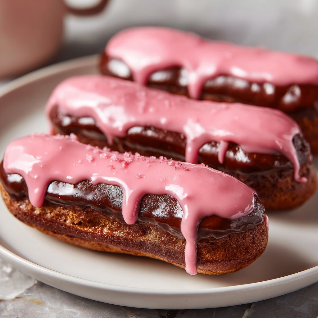 Chocolate Éclairs with Pink Glaze